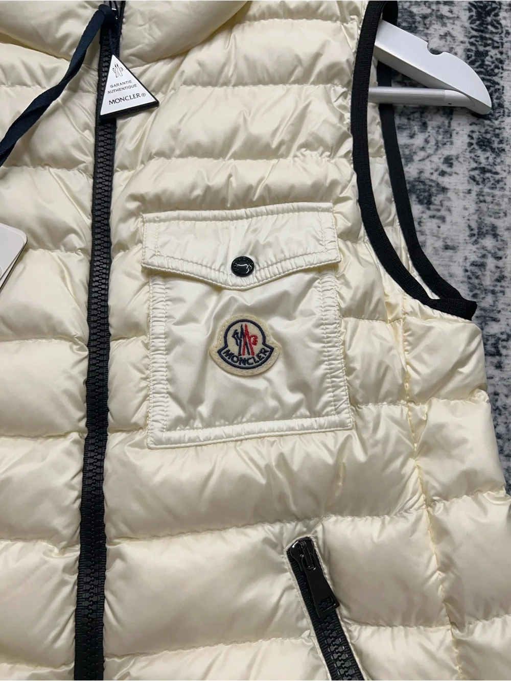 Moncler Ivory Quilted Hooded Down Vest with Black Trim